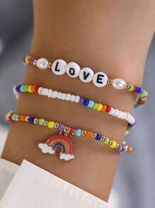 LOVE Letter Beaded Bracelet Set Rainbow Charm Jewelry Three Pieces Boho Hand Chain Gift For Women Girls