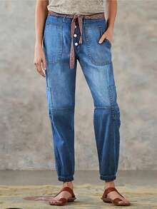 Women's Front Button Multi-Pocket Drawstring Waist Casual Jeans