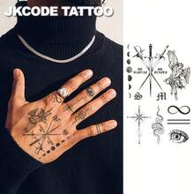 JKCODE TATTOO [Vintage Style Oblong Shape Tattoos] JKCODE Temporary Tattoos, Assorted Designs With Herbal Ingredients, Bat Angel Lettering Poison Snake Sun North Star Sword Eye Vintage Style, Oblong Shape, Waterproof Fake Tattoo Stickers For Hands And Arms,Halloween Costume - Blue - View 7