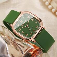 1pc Women's Silicone Band Fashion Casual Square Numeric Scale Dial Quartz Wristwatch, Style (1pc/Set, Watch Box Not Included) - Green - View 3