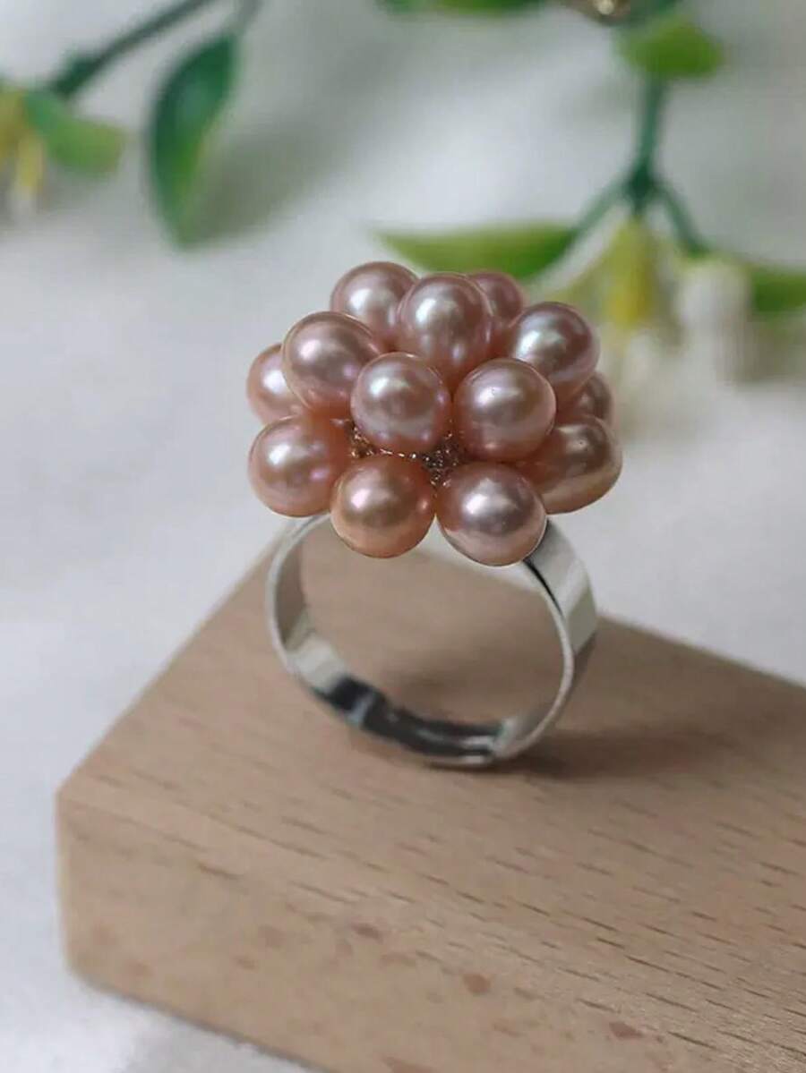 可调节淡水珍珠戒指，珠子设计，适合作为情人节或母亲节的礼物