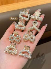 8pcs/Set Korean Style Rhinestone & Faux Pearl Metal Hair Clips - Multicolor - View 3