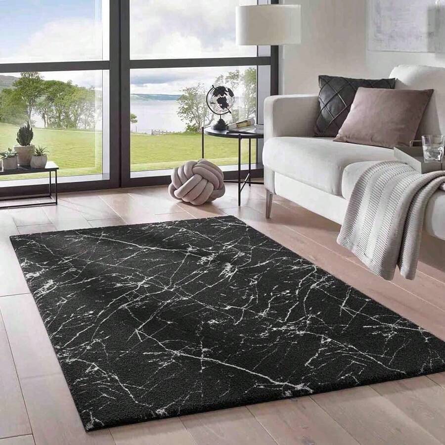 Taracarpet Teppich Supersoft Kurzflor-Teppich Valetta Marmor Blitz modern marmoriert waschbar für Wohnzimmer Schlafzimmer Jugendzimmer Badezimmer aus Polyester schwarz-weiß 160x230 cm - Schwarz-weiß - Übersicht 1