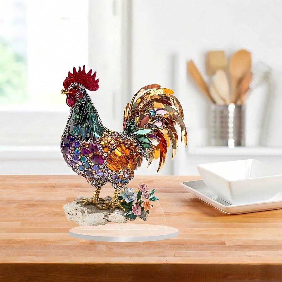1pc Colorful Rooster Statue With Floral Decoration, 2D Acrylic Crystal Chicken Sculpture, Multi-Purpose Desktop Decor, Suitable For Home, Office, Hallway, Bedroom, Ideal Gift For All Holidays