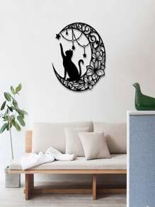 1 pieza Decoración de pared de silueta de metal de gato negro y luna de arte de hierro