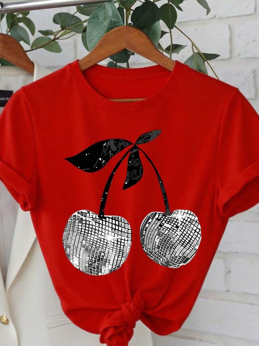 CAMISETA MUJER MANGA CORTA CUELLO RENDONDO ESTAMPADO CEREZAS PLATA VERANO GYM CASUAL - Rojo - Ver 1