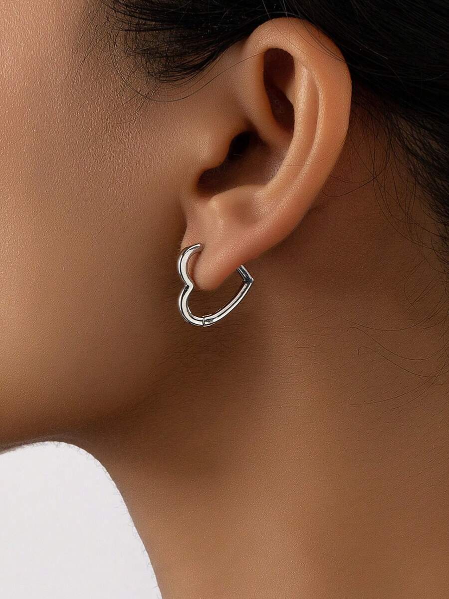 1 Pair Heart Shaped Hoop Earrings, Minimalist & Practical Multi-Function - Silver - View 1