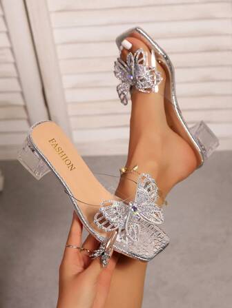 Women's Transparent Strap Rhinestone Butterfly Coral Pearl Square Toe High Heel Sandals, Elegant And Versatile New Fashion Square Toe High Heel Sandals