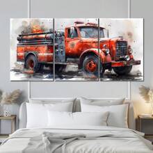Set Of 3 Watercolor Fire Truck Wall Art Canvas Painting, Vintage Fire Truck Poster Print With Frame, Suitable For Modern Home Dining Room, Kitchen, Living Room, Bathroom, Apartment, B&B, Hallway, Studio, Kids Room, Nursery, Kindergarten, Classroom, Villa, Gallery, Nursery, Study, Home Office Decoration Ready To Hang ,Wall Art With Frame