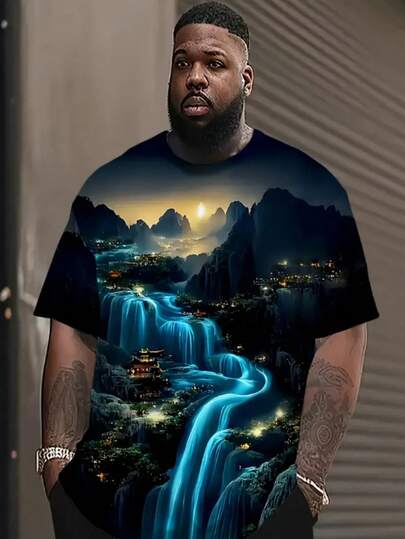 加大码男式 3D 印花抽象嘻哈幻觉图案短袖 T 恤，风景街头风 T 恤