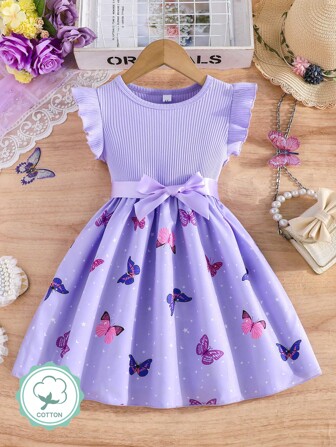 Vestido elegante de manga de campana con patrón de mariposa acanalado para niñas, de verano