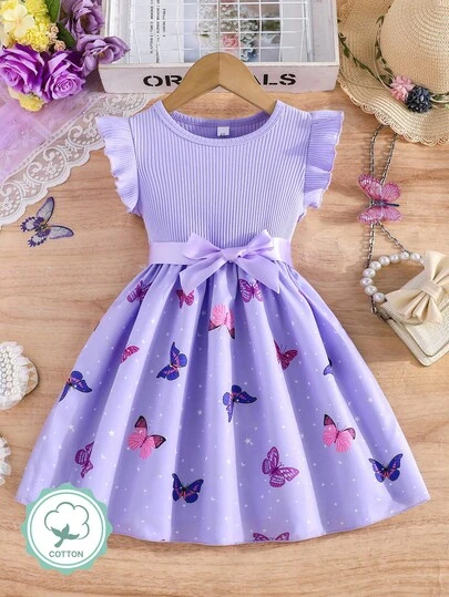Vestido elegante de manga de campana con patrón de mariposa acanalado para niñas, de verano