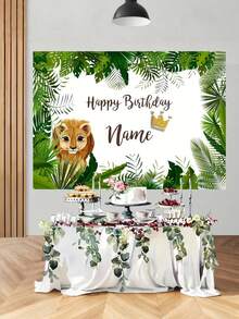 1pc Customizable Name Jungle Joy, Custom Hunting Theme Birthday Backdrop - Tropical Leaves With Cartoon Lion Design, Jungle Animal Birthday Backdrop Decorating Ideas, Jungle Theme Birthday Party, Wild Party Supplies, Suitable For Exquisite Personalized Wall Decorations, Home Decor, Customizable Party Hanging Walls, No Need For Electricity, Durable And Reusable, Three Sizes To Choose From - Multicolor - View 2