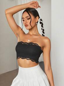 Top de Tubo con Encaje para Mujer - Casual, Liviano y Fresco, Ideal para el Uso Diario - Negro - Ver 3