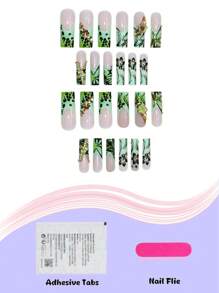 24 piezas Uñas postizas en forma de ataúd con flores teñidas en verde y rhinestones, tamaño largo, con gel de uñas y lima, para mujeres