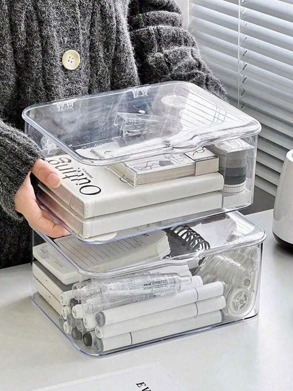 1 pieza Caja de almacenamiento de escritorio de acrílico transparente con tapa, organizador de papelería a prueba de polvo, portalápices de escritorio de oficina, contenedor de almacenamiento multiusos para el hogar y la oficina