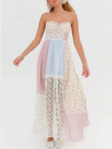 Women Boho Floral Lace Plaid Patchwork Halter Maxi Dress Y2K Gingham Spaghetti Strap Halter Neck Smocked Flowy Long Dress Sexy Backless Ruffle Dresses Summer Going Out Dress Beach Vacation Sundress - Nhiều màu - Xem 2