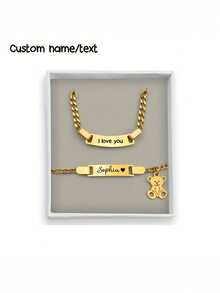 Customized Name Children's Bracelet And Necklace Set, Personalized Engraved Teddy Bear Jewelry For Kids - One Size - View 2
