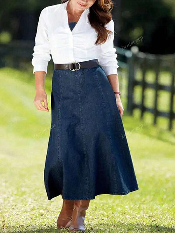 Plus Size Women Stretch Denim Skirt, Washed Dark Blue