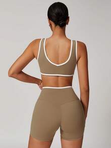 MASKERT 女士运动套装、吊带套装、健身套装、瑜伽套装、紧身跑步运动套装、高弹套装、休闲家居服套装、亲肤舒适 - 咖啡棕 - 查看 5