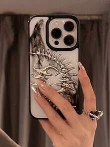 1pc INS 3D Metal Fish Bone Clear Phone Case Compatible With IPhone 17 16 15 13 14 12 11 Pro Max, Punk Chic Camera Protection Soft Silicone Back Cover - Double Fishbone - View 2