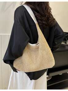 Bolso de hombro de gran capacidad de paja con bolsillo pequeño, adecuado para la playa, turismo y vacaciones
