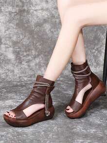 Color sólido casual sandalias de tiras, suela gruesa estilo retro sandalias de las mujeres, la primavera y el verano de viaje botas de tobillo, adecuado para viajes casuales, compras, fiesta y desgaste diario. - Marrón - Ver 4