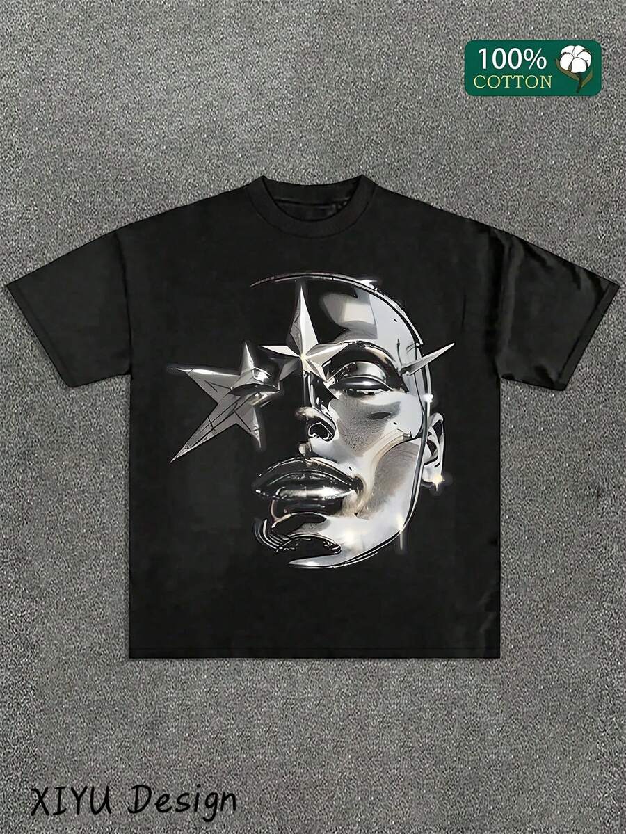 Men's Graphic Printed T-Shirt With Round Neck And Short Sleeve, Loose And Casual Short Sleeve T-Shirt In Summer, And Men's Daily Clothes. - 黑色 - 查看 1