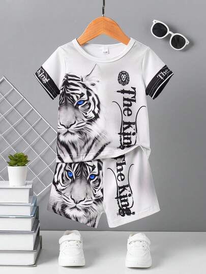 婴幼儿男童休闲动物与字母印花圆领短袖 T 恤和短裤两件套，夏季