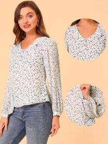 Women's Ditsy Floral Top For Cute Ruffle Collar Long Sleeve Summer Peasant Tops