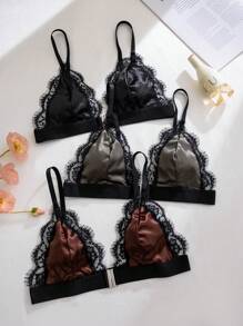 3pcs/Set Women Solid Color Lace Trim Front Closure Comfy Lingerie