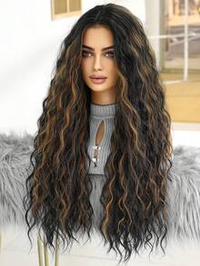 28英寸长卷曲合成假发，无刘海：外观自然，耐热，适合派对、角色扮演、日常佩戴、音乐节、母亲节礼物，完美展现派对时尚，也是送给女孩、毕业典礼和各种场合的理想礼物。 - 挑染金色 - 查看 8