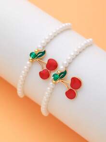LORRILIA 12 件装可爱水果樱桃 Cheerios ABS 仿珍珠手链饰品幸运手链家庭共享装女孩礼物 - 彩色 - 查看 2