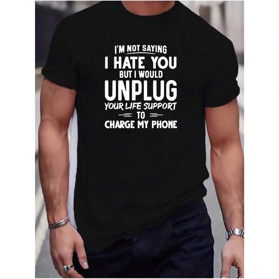 Men's "I Hate You" Graphic T-Shirt - Black Cotton, Round Neck, Short Sleeve, Casual Summer Top With Humorous Charging Message - 黑色 - 查看 1