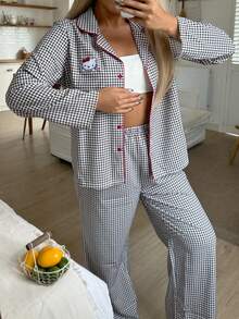 SANRIO 2件套Hello Kitty女士格子印花纽扣前开襟长袖睡衣上衣和抽绳腰长裤可爱睡衣套装，舒适保暖，秋冬服装 - 黑色 - 查看 4