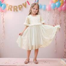Girls Summer Dress Sequin Embellished Tulle Skirt Ruffled Sleeve Princess Style