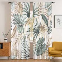 2pcs Turtle Leaf Print Curtains, Perfect For Bedroom, Office, Kitchen, Living Room And Study Room Decoration, Kitchen Window Decoration | Floral Pattern Curtains |