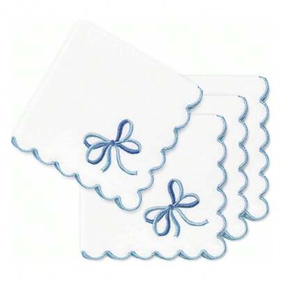 4Pcs Blue Bow Embroidered Cloth Napkins Scalloped Dinner Napkins 11.8 X 11.8 Inch Reusable Kitchen Tabletop Collection For Birthday Wedding Party Table Supplies