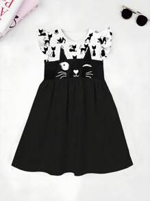 Seven Princess Robe d'été à manches courtes, taille cintrée et coupe évasée avec imprimé chat mignon, pour jeunes filles. Style décontracté de princesse pour vacances.