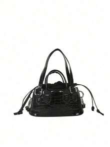 1pc Teenager's Solid Color PU Stone Texture Personalized Handbag, Fashion Versatile Shoulder Crossbody Bag For Daily Use - Black - View 1