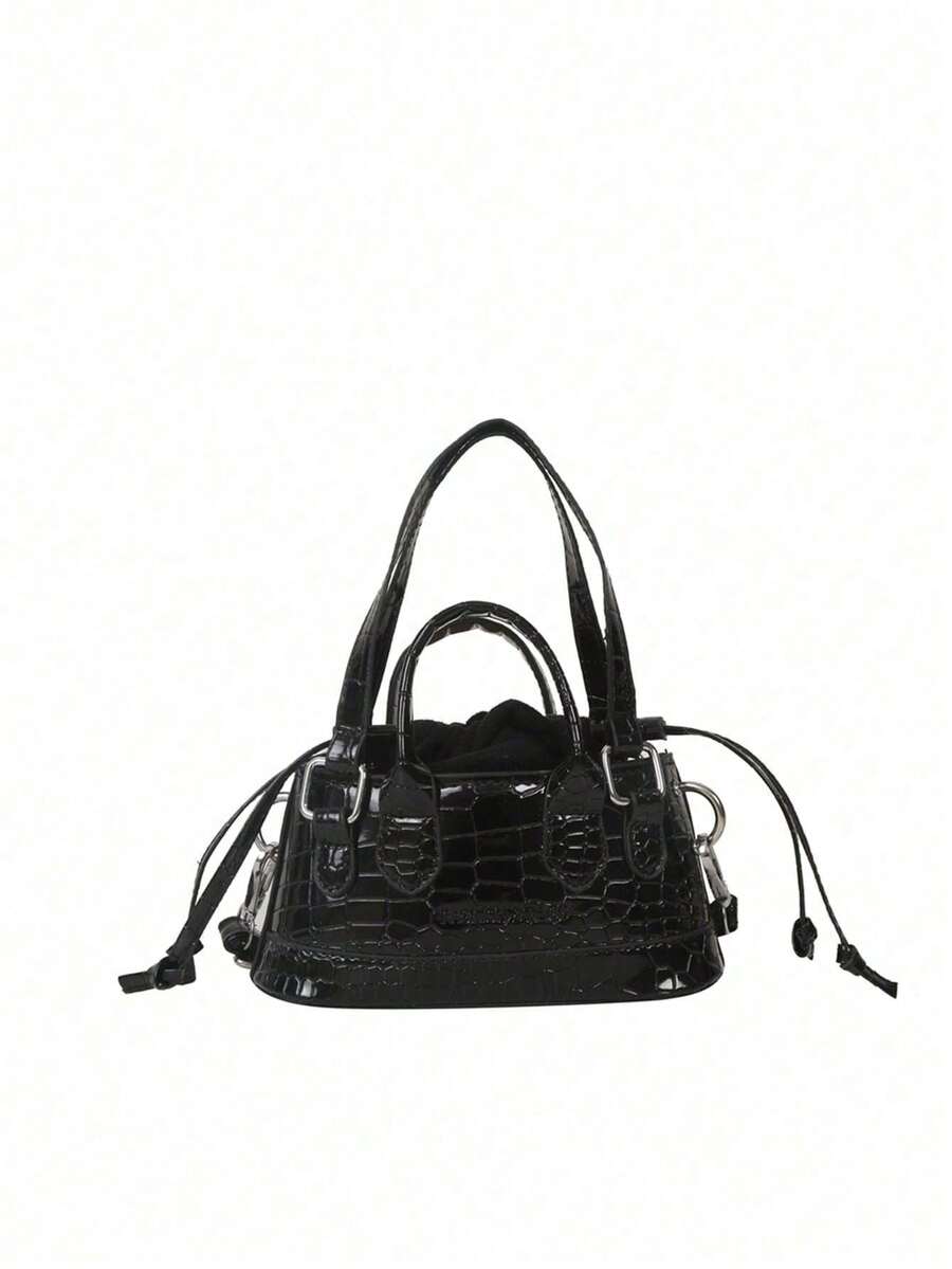 1pc Teenager's Solid Color PU Stone Texture Personalized Handbag, Fashion Versatile Shoulder Crossbody Bag For Daily Use - Black - View 1