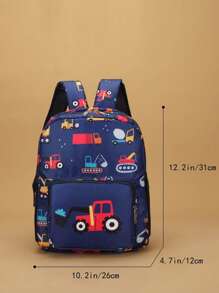 1pc Nylon Zipper Closure Fashion Cartoon Backpack, Unique Design With Adjustable Shoulder Straps, Cute Excavator Printed Pattern, Perfect Gift For Teenagers