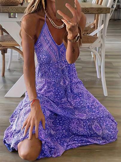 Vestido longo boho feminino de verão, sem mangas, com decote em V, cintura alta, floral, estilo ditsy