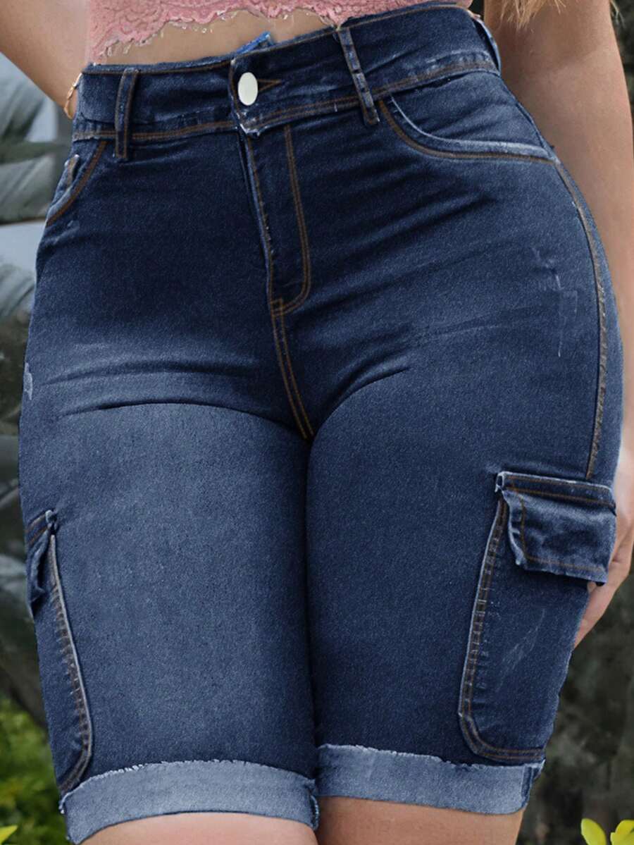 Shorts jeans casuais estilo cargo feminino - Azul escuro - Ver 1