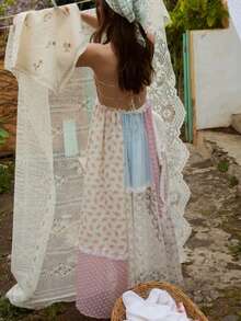 Women Boho Floral Lace Plaid Patchwork Halter Maxi Dress Y2K Gingham Spaghetti Strap Halter Neck Smocked Flowy Long Dress Sexy Backless Ruffle Dresses Summer Going Out Dress Beach Vacation Sundress - Nhiều màu - Xem 5