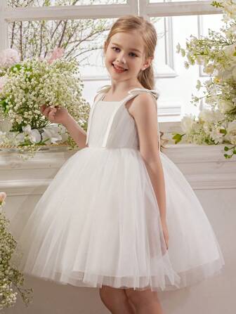 适合情人节的年轻女孩细肩带蝴蝶结薄纱派对公主裙，适合生日派对、婚礼、舞会、重要场合、节日庆典的花童裙