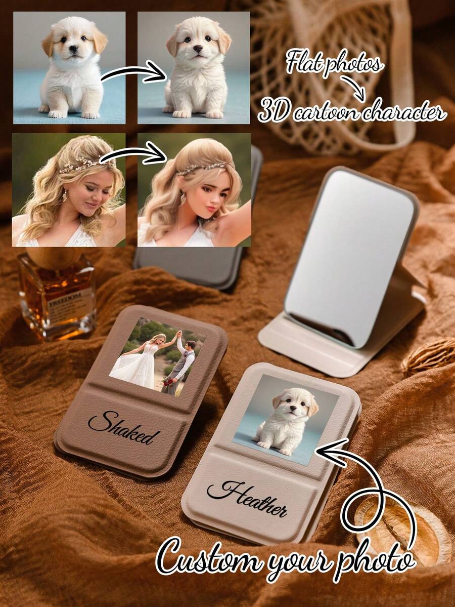 1pc Folding Makeup Mirror, Turn Uploaded Photos Into 3D Cartoon Characters, Customize Your Name, PU Leather, Simple, Portable Handheld Makeup Mirror, Suitable For Dormitories, Desktops, Travel Simple Dressing Mirror, Foldable, The Best Gift For Mother's Day, Wedding Gifts, Birthday Gifts, Housewarming, And Valentine's Day.