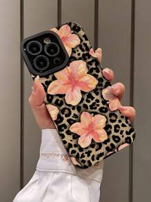 1 Stück pinke Blumen Leoprint Kunstleder Schutzhülle kompatibel mit 16/16 Plus/16 Pro/16 Pro Max