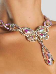 1pc Fashionable Butterfly Pendant Necklace, Colorful Crystal Rhinestone Decor Collar Necklace, Versatile For Stage Performance - Gold - View 1