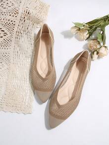 Woven Pointy Toe Ballet Flats For Teens, Princess Style Waffle Knit Slip-On Loafers, Breathable Soft-Soled Casual Shoes - Khaki - View 2